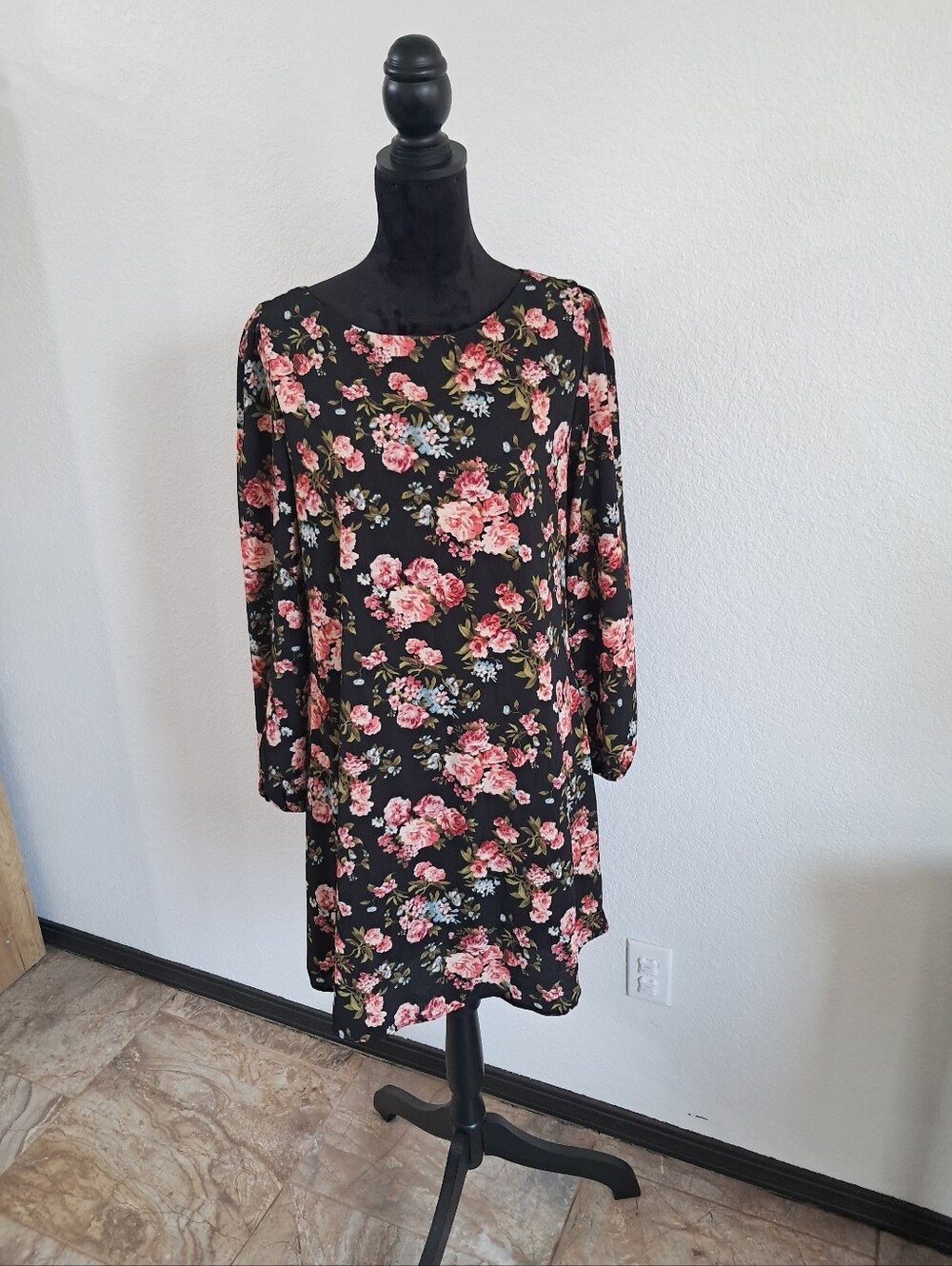 Adara Shift Dress Sz Lg Black Pink Blue Floral Print Lined Romantic Cottagecore